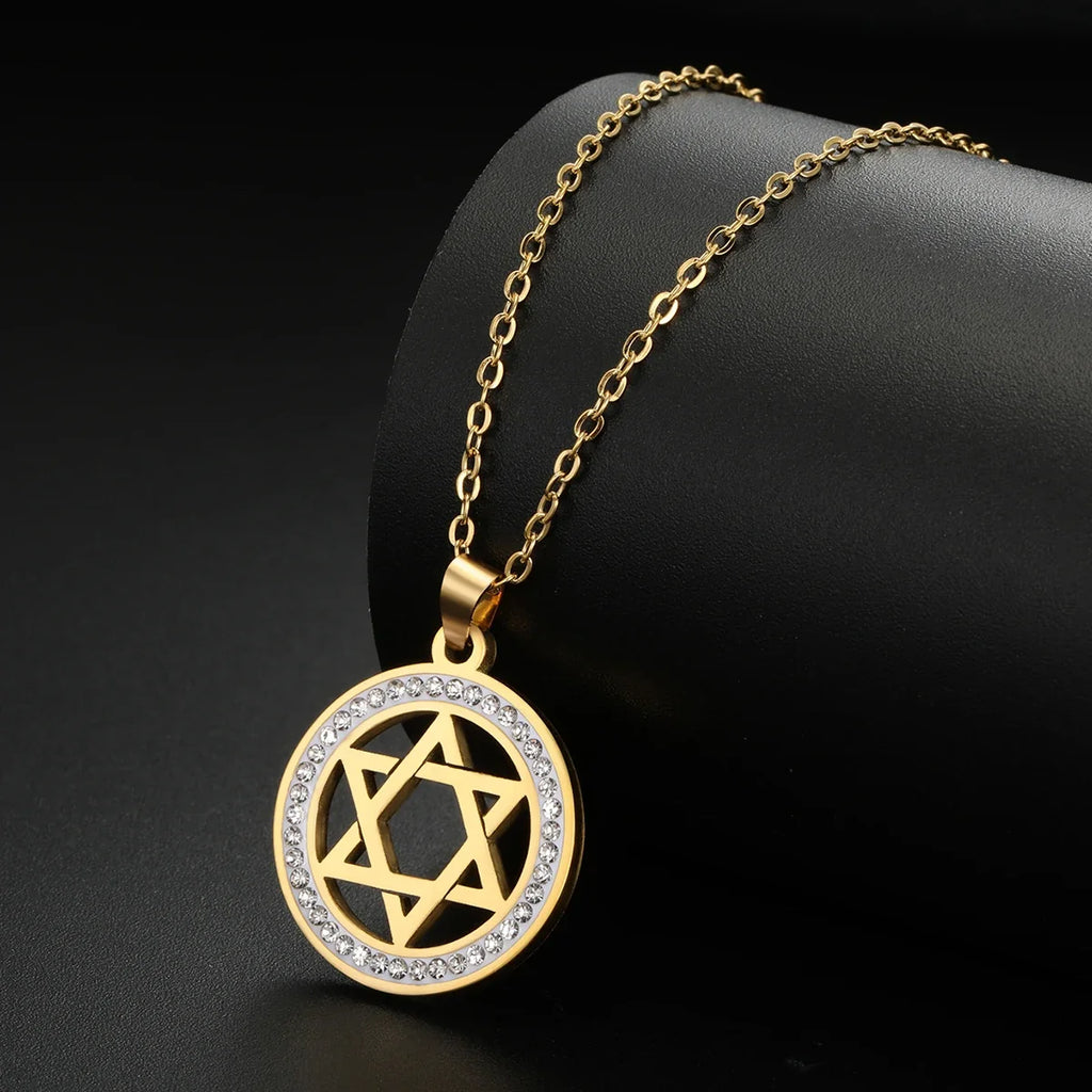 Collana con ciondolo rotondo con simbolo ebraico stella di David oro