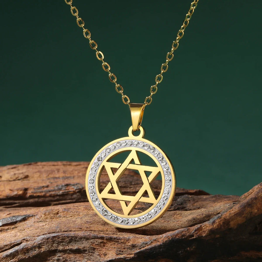 Collana con ciondolo rotondo con simbolo ebraico stella di David oro