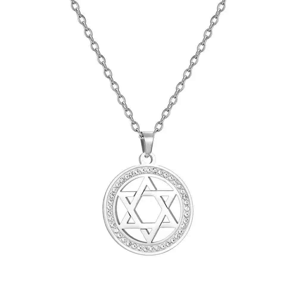 Collana con ciondolo rotondo con simbolo ebraico stella di David argento