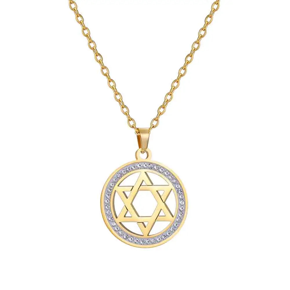 Collana con ciondolo rotondo con simbolo ebraico stella di David oro