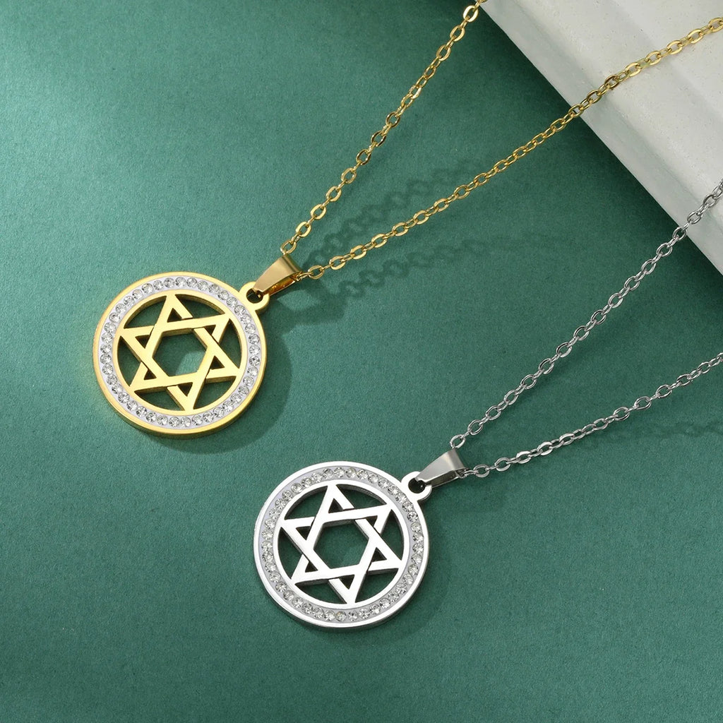 Collana con ciondolo rotondo con simbolo ebraico stella di David oro