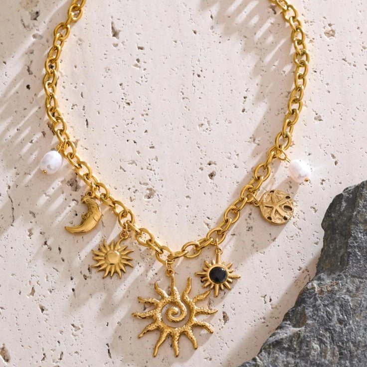 Halskette mit Sonne- und Mondanhänger für Damen