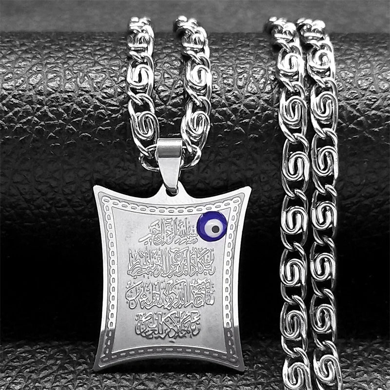 Collier long avec pendentif amulette Ayatul Kursi arabe islam musulman argent