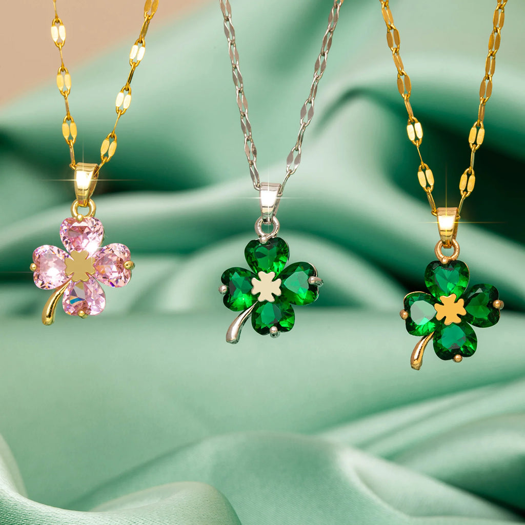 Collier avec Pendentif Trèfle à 4 Feuilles Coloré or et rose