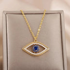 Necklace With Zircon Pendant Against Evil Eye Blue Turkish Gold