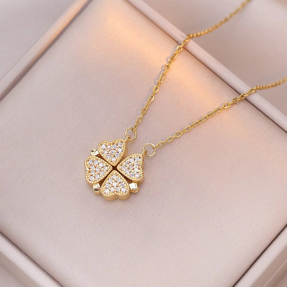 Collier Ras de Cou avec Pendentifs Coeurs Trèfle à 4 Feuilles pour Femme or