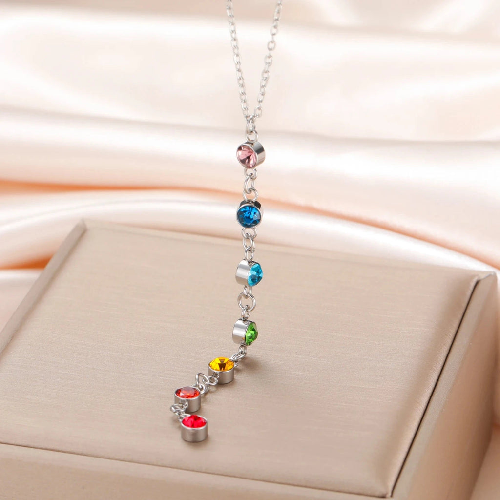 Collier de Protection avec Long Pendentif en Pierres 7 Chakras argent