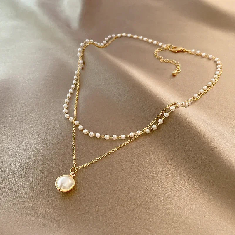 Collier Double Elégant avec Pendentif Perle or