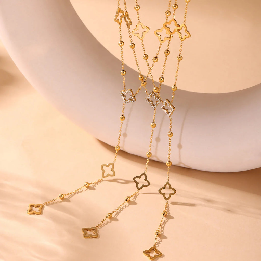 Collier Long avec Pendentifs Trèfle à 4 Feuilles et Zircon or