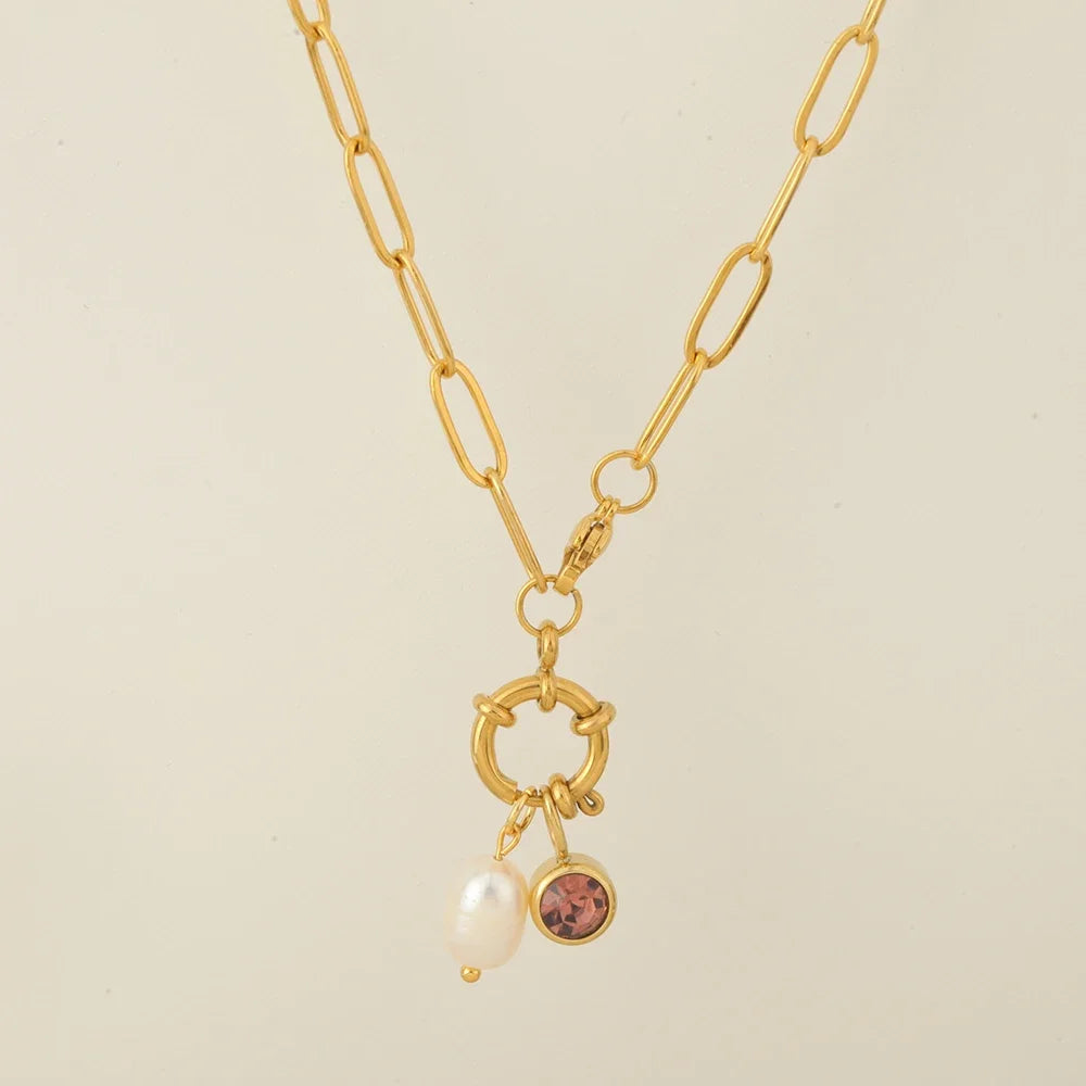 Collier maillons avec pendentif perle et pierre de naissance octobre