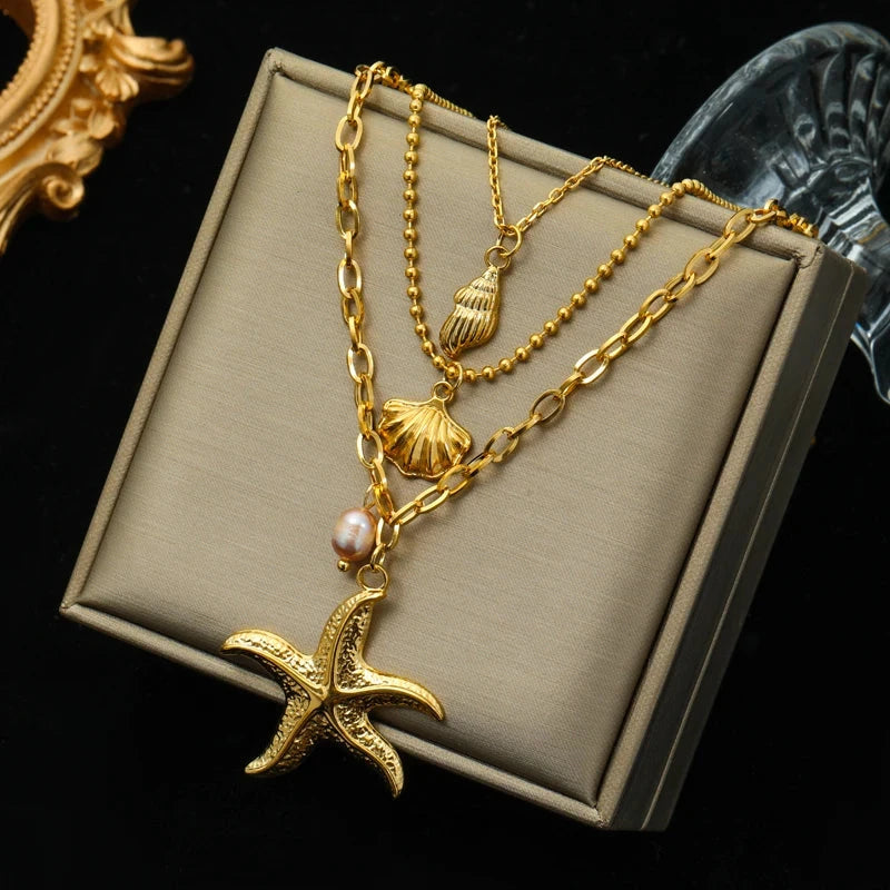 Collier Multirang Pendentif Coquillage Etoile de Mer Conque Coquille Saint-Jacques