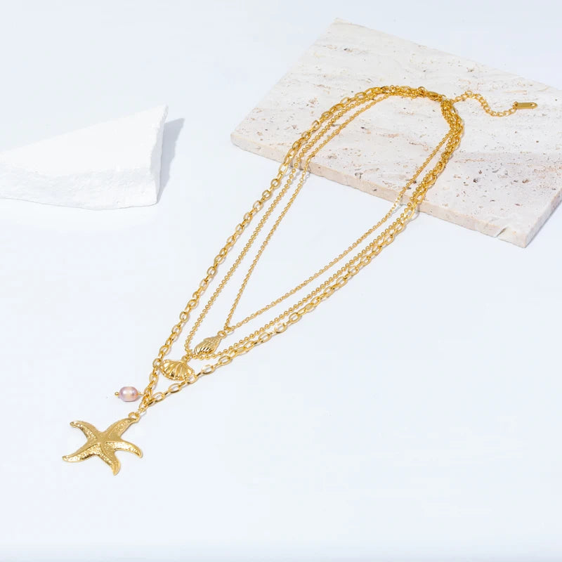 Collier Multirang Pendentif Coquillage Etoile de Mer Conque Coquille Saint-Jacques