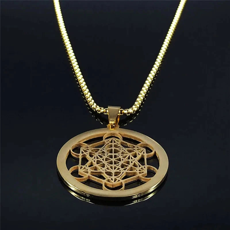 Collier Pendentif Cube de Métatron avec Crystal or