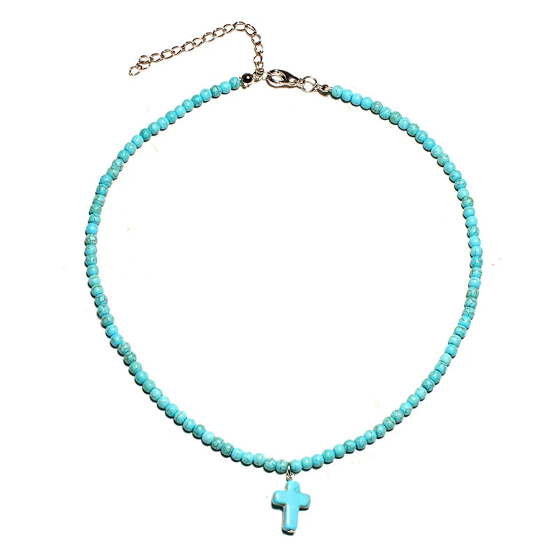 Collana Girocollo Pendente Croce Pietra Naturale Donna blu