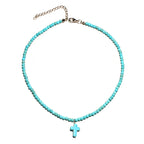 Collana Girocollo Pendente Croce Pietra Naturale Donna blu
