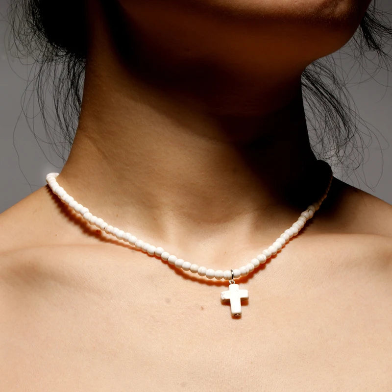 Collana Girocollo Pendente Croce Pietra Naturale Donna bianco