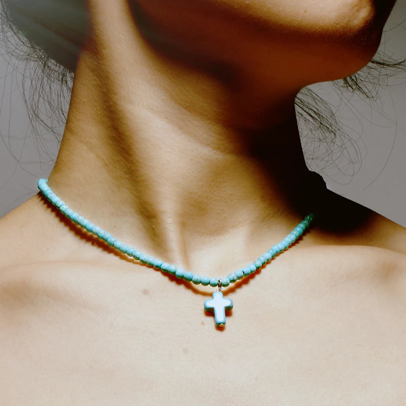 Collana Girocollo Pendente Croce Pietra Naturale Donna blu