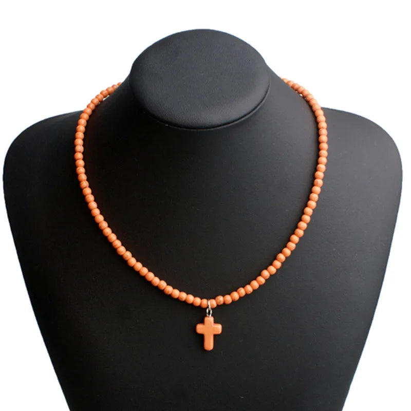 Collana Girocollo Pendente Croce Pietra Naturale Donna arancione