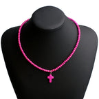 Collana Girocollo Pendente Croce Pietra Naturale Donna rosa