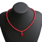 Collana Girocollo Pendente Croce Pietra Naturale Donna rosso