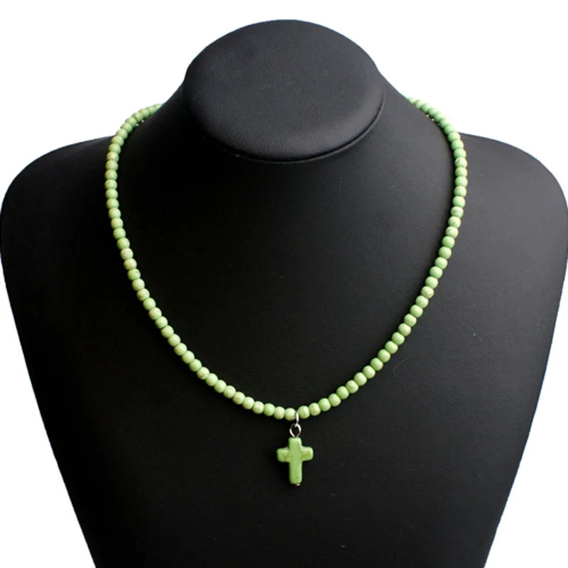 Collana Girocollo Pendente Croce Pietra Naturale Donna verde