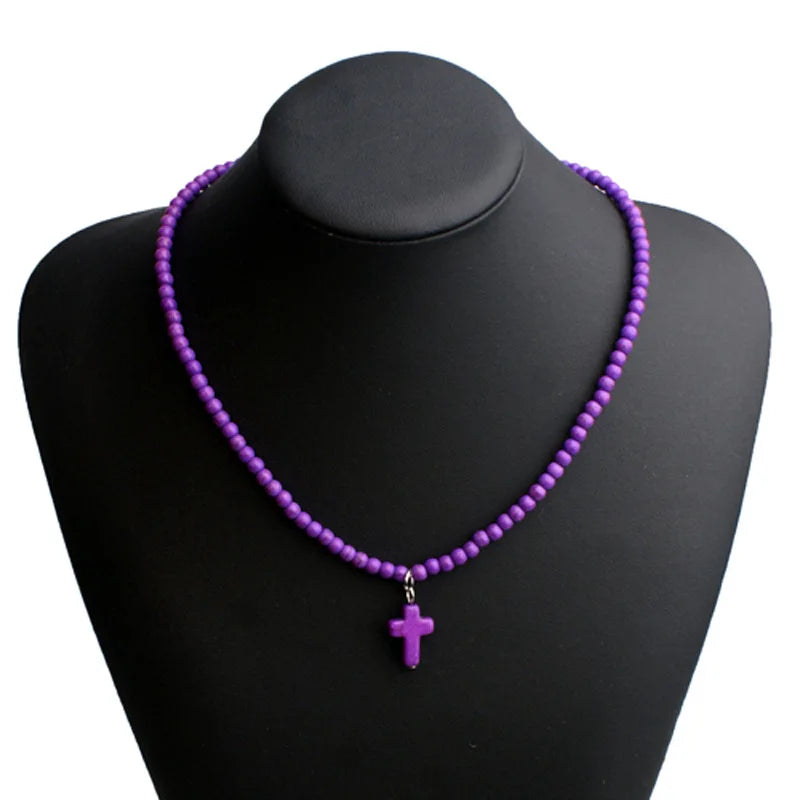 Collana Girocollo Pendente Croce Pietra Naturale Donna viola