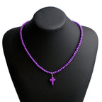 Collana Girocollo Pendente Croce Pietra Naturale Donna viola