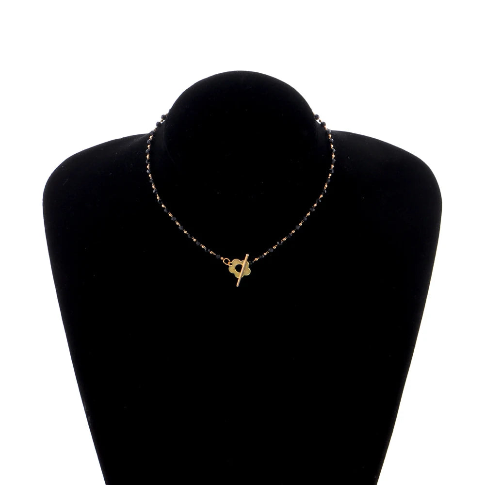 Collier Ras de Cou Pendentif Fleur noir et or