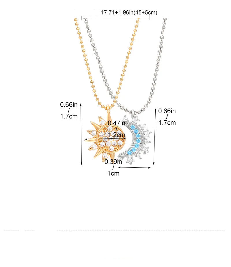 Lot de 2 Colliers avec Pendentif Lune ou Soleil en Zircon pour Couple