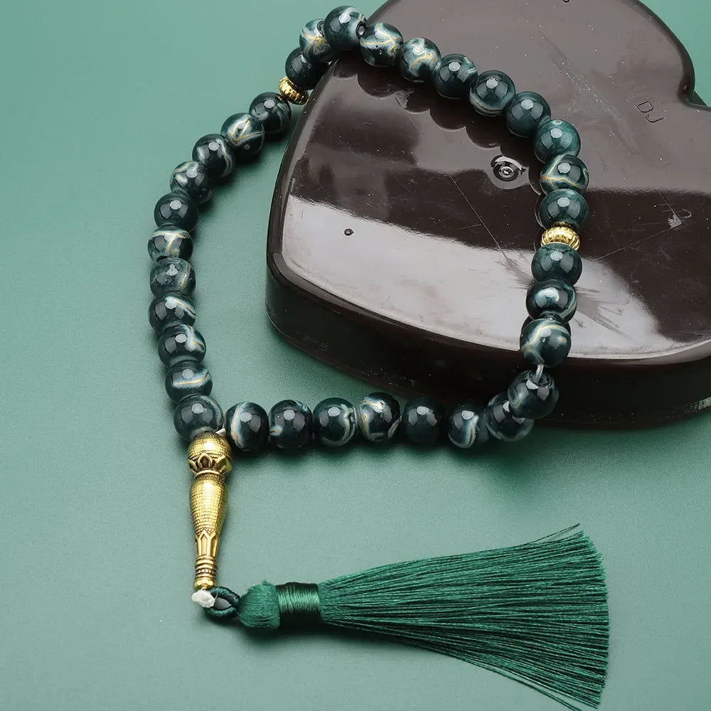 Tasbih Lang 33 sorte perler - muslimsk bedekæde grøn