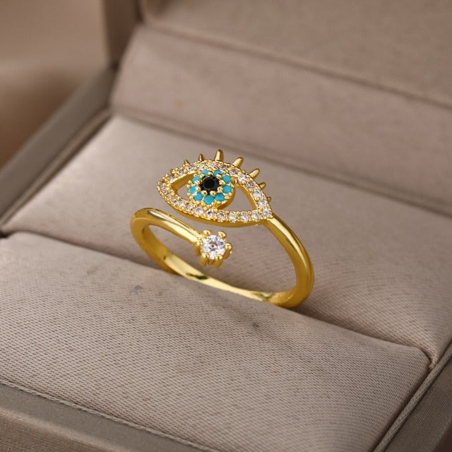 Diamantring gegen das Böse Auge Blau Griechisch Türkisch Matiasma Mataki Gold