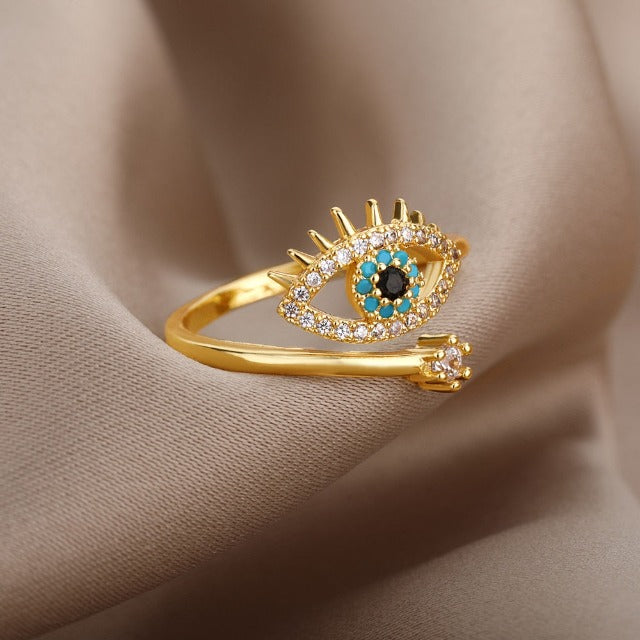 Diamantring gegen das Böse Auge Blau Griechisch Türkisch Matiasma Mataki Gold