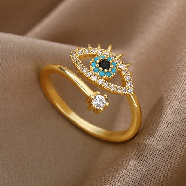 Diamantring gegen das Böse Auge Blau Griechisch Türkisch Matiasma Mataki Gold