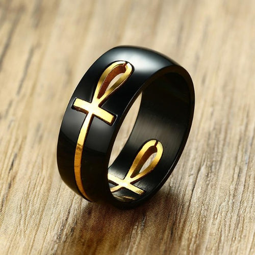 Sort og gyldent ring med egyptisk korsmotiv