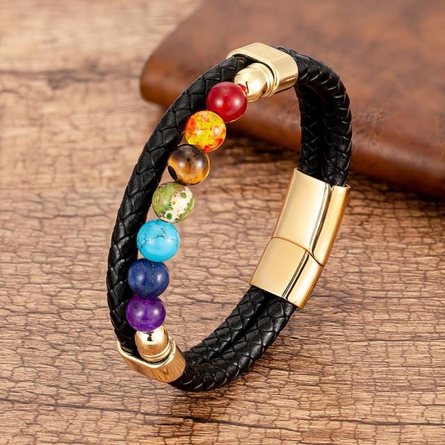 Bracciale 7 Chakra in Pelle Uomo Donna oro