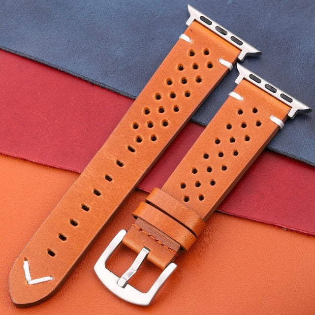 Cinturino Apple Watch in Vera Pelle marrone chiaro e argento