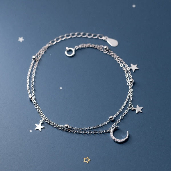 Pulseira Lua e Estrela Mulher Pulseira em Prata
