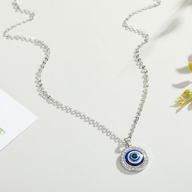 Halsband med hänge mot det onda ögat Blå Grekisk Turkisk Matiasma Mataki silver